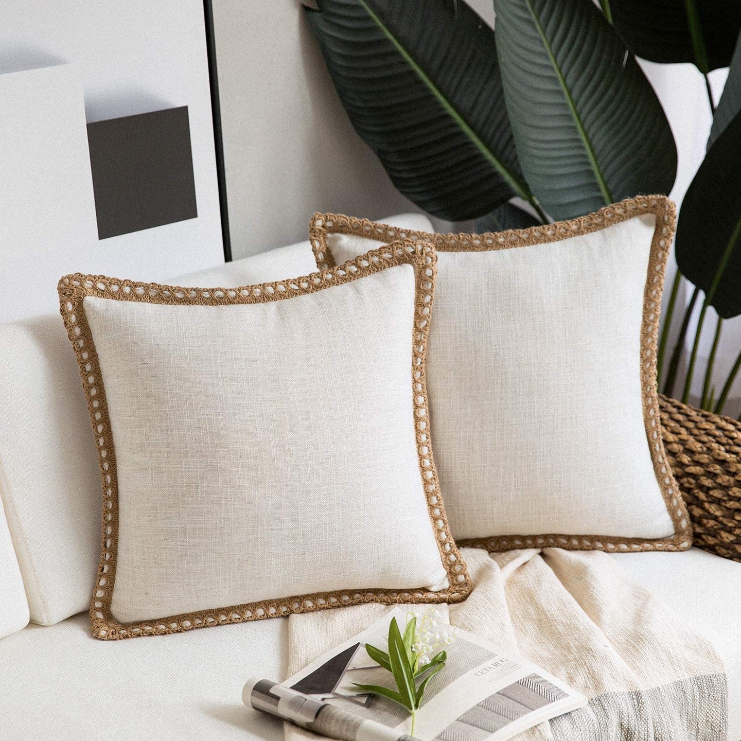 2 Farmhouse Decorative Throw Pillow Covers Burlap Linen Trimmed Tailored Edges - STYLE LOFT HOME