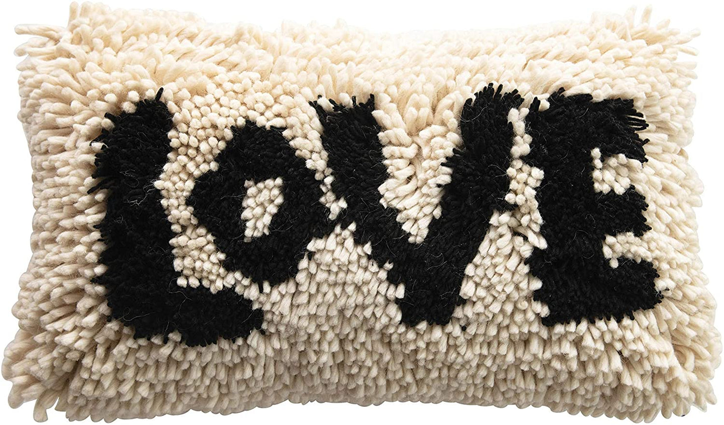 Woven Wool Shag Lumbar Love, Black & Cream Color Pillow - STYLE LOFT HOME