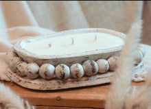 Load image into Gallery viewer, Distressed beaded Round pottery soy candle. Farmhouse candle, white wash bowl
