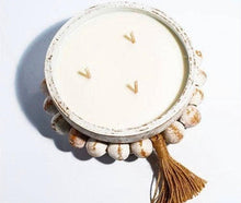 Load image into Gallery viewer, Distressed beaded Round pottery soy candle. Farmhouse candle, white wash bowl
