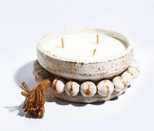 Load image into Gallery viewer, Distressed beaded Round pottery soy candle. Farmhouse candle, white wash bowl
