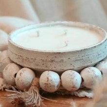 Load image into Gallery viewer, Distressed beaded Round pottery soy candle. Farmhouse candle, white wash bowl
