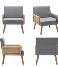 Load image into Gallery viewer, Mid Century Modern Cane Ratan Accent Chair, Upholstered Chairs with Bamboo and Solid Wood Legs, Linen Fabric Armchair, options:Cream or Gray
