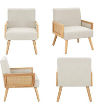 Load image into Gallery viewer, Mid Century Modern Cane Ratan Accent Chair, Upholstered Chairs with Bamboo and Solid Wood Legs, Linen Fabric Armchair, options:Cream or Gray
