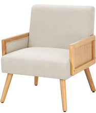 Load image into Gallery viewer, Mid Century Modern Cane Ratan Accent Chair, Upholstered Chairs with Bamboo and Solid Wood Legs, Linen Fabric Armchair, options:Cream or Gray
