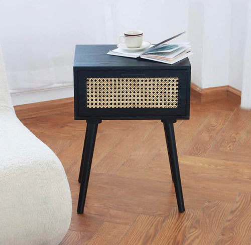 Mid Century Nightstand with Drawer, Rattan Side Table. Black or Natural