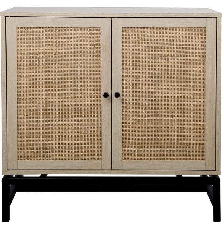 Natural 2 Door Cabinet with Rattan Elements Storage Cabinet 2-Tier Storage Shelf