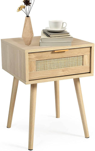 Nightstands with Rattan Drawer, Modern Night Stand for Bedrooms, Wooden Bedside Table