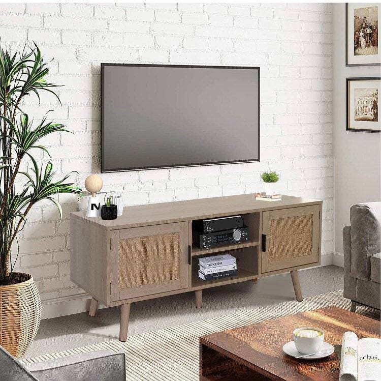 AWQM Rattan TV Stand for 70 inch TV, Entertainment Center Cabinet with 2 Drawers and Cabinet Storage, Farmhouse TV Console Table for Living Room or