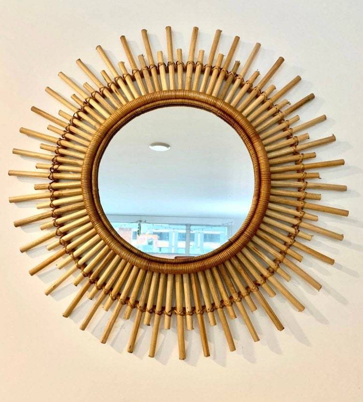 Rattan Sun Round Mirror, circular Accent Mirror, 60 cm