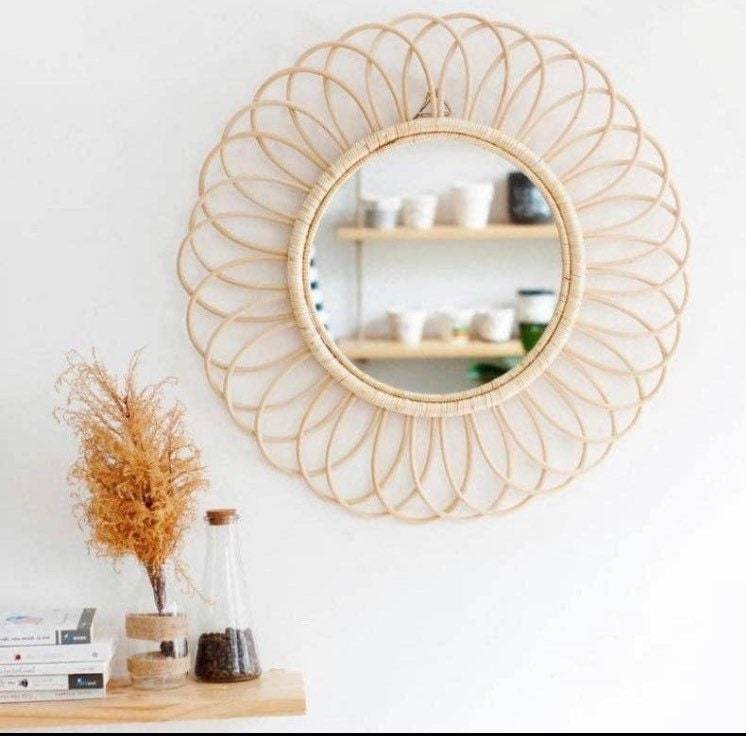 Rattan flower Round Mirror, circular Accent Mirror, 60 cm