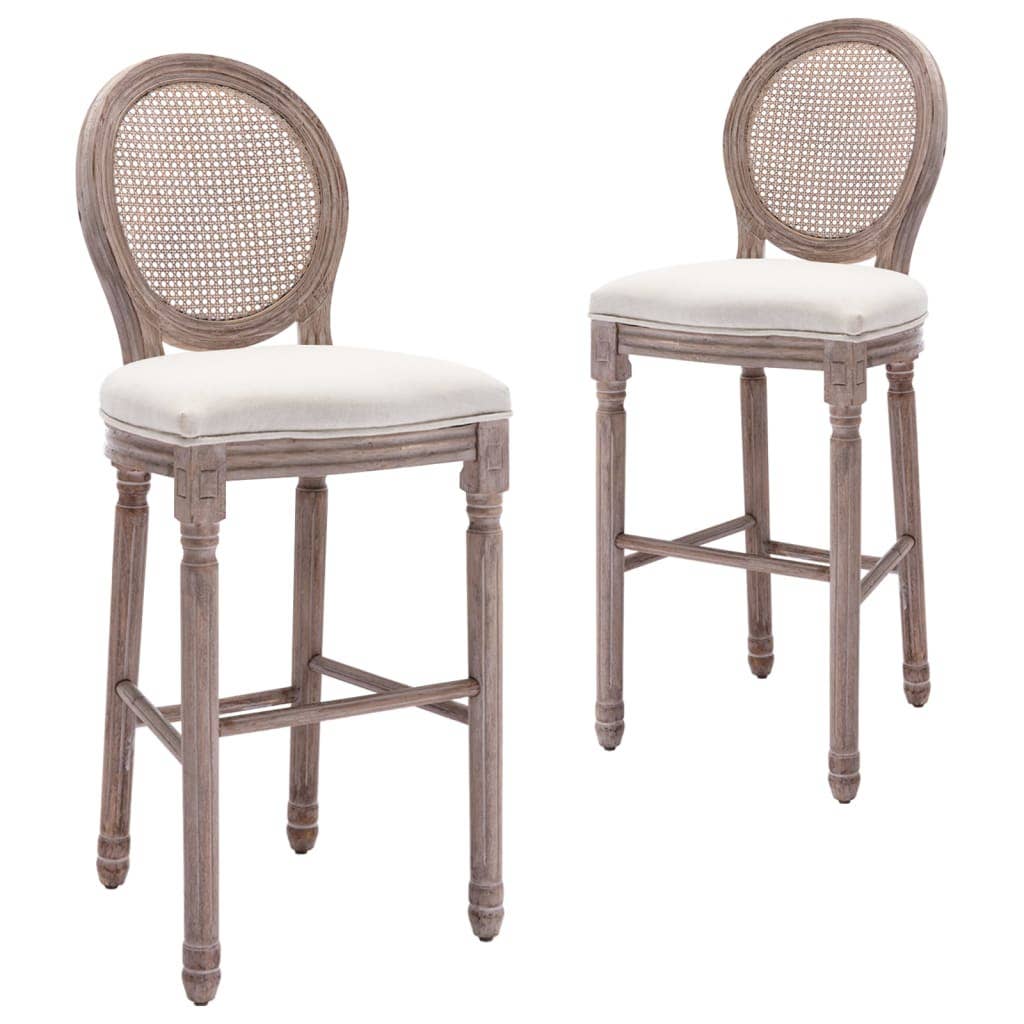 French Style Cane Back Bar Stools Cream Linen White, Set of 2 - STYLE LOFT HOME